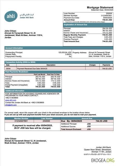 Modèle Word et PDF de relevé hypothécaire de la Jordan Ahli Bank